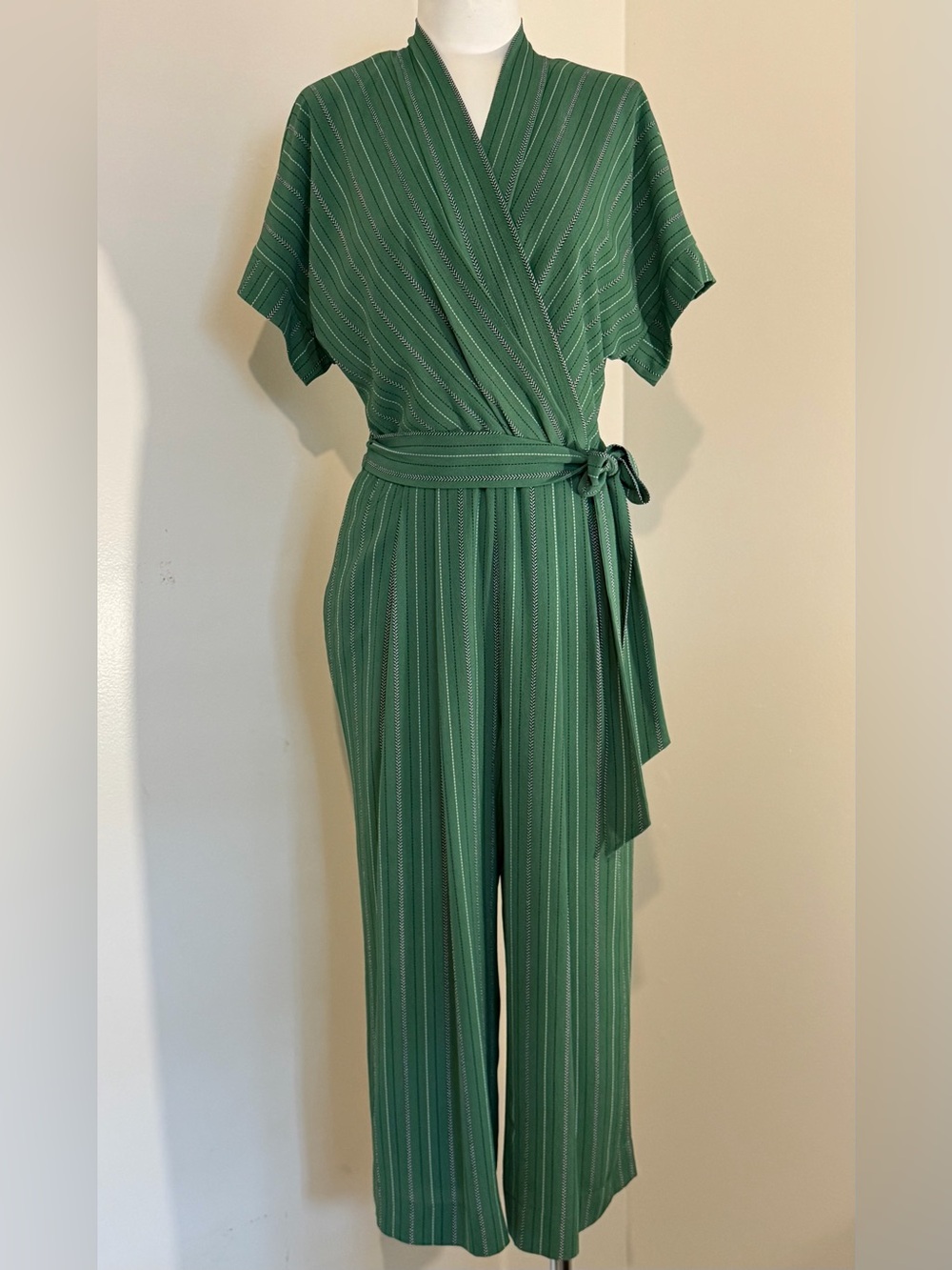 Maggy London Green Striped Wrap Jumpsuit with Waist Tie